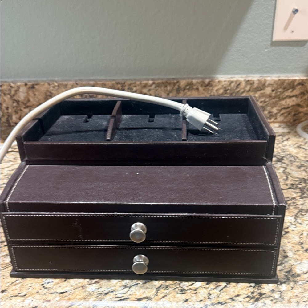 Brown Men's Leather Valet Organizer with Drawers also can charge phones etc